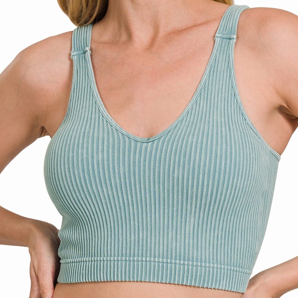 Washed Ribbed Cropped Seamless Bra Padded Tank Top Brami - Blue Grey